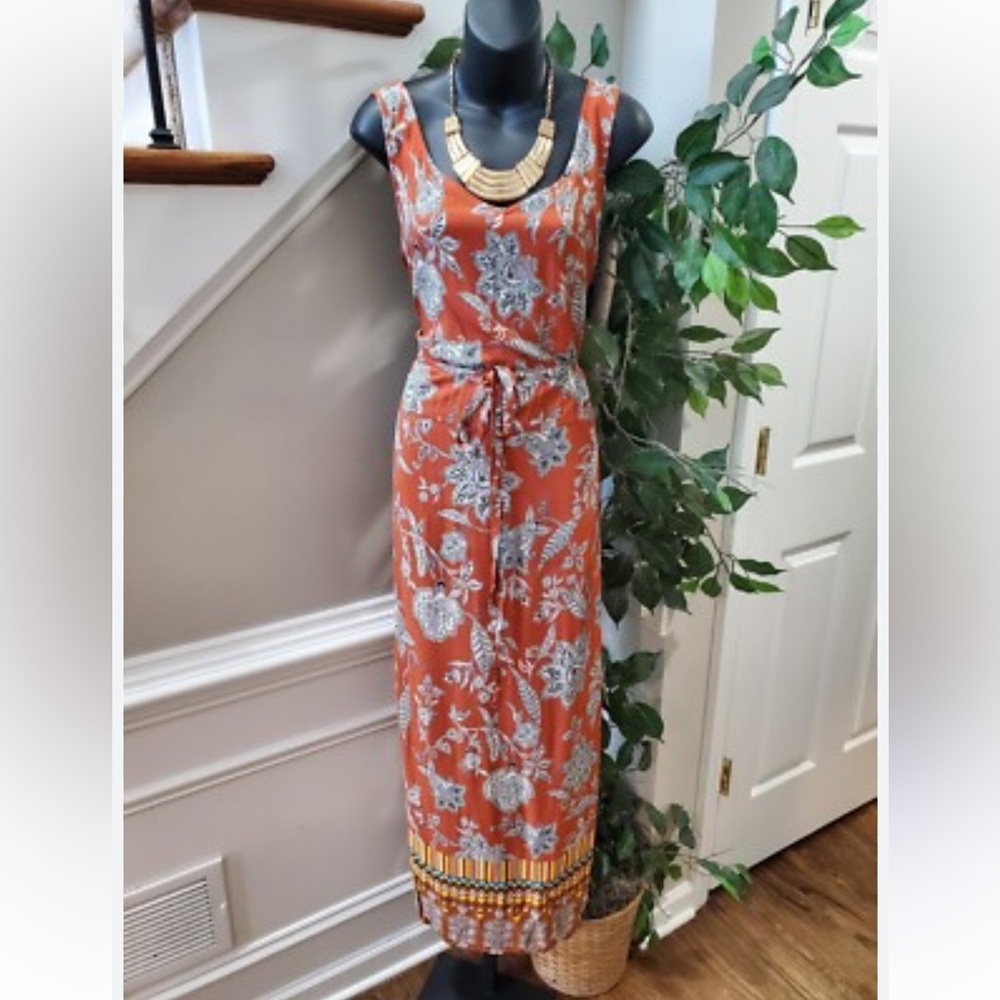 Sleeveless Rust Floral Maxi Dress with Tie Waist
